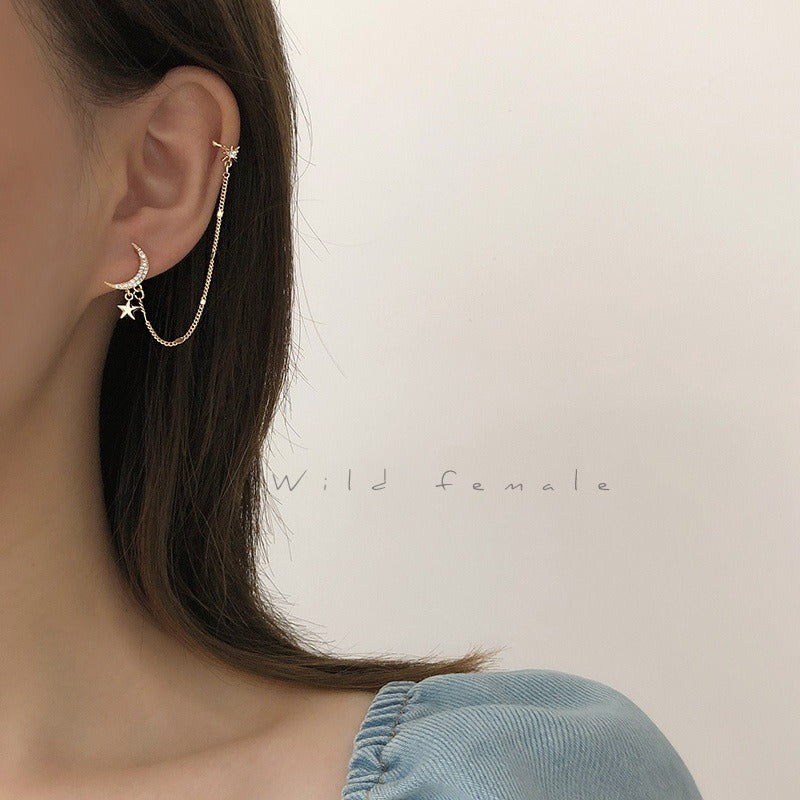 Pendientes Colgantes De Clip De Estrella De Luna De Color Dorado
