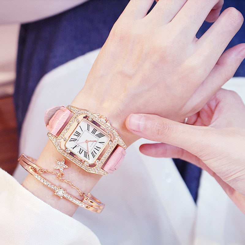 Reloj de pulsera con esfera cuadrada estrellada de diamante para mujer, conjunto de cronógrafos de pulsera, de cuero, de cuarzo, femenino 22