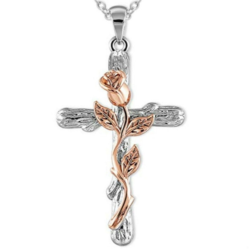 Collar con colgante clásico de aleación de Jesús para mujer y niña, colgante Vintage de Cruz rosa, adornos religiosos góticos 6