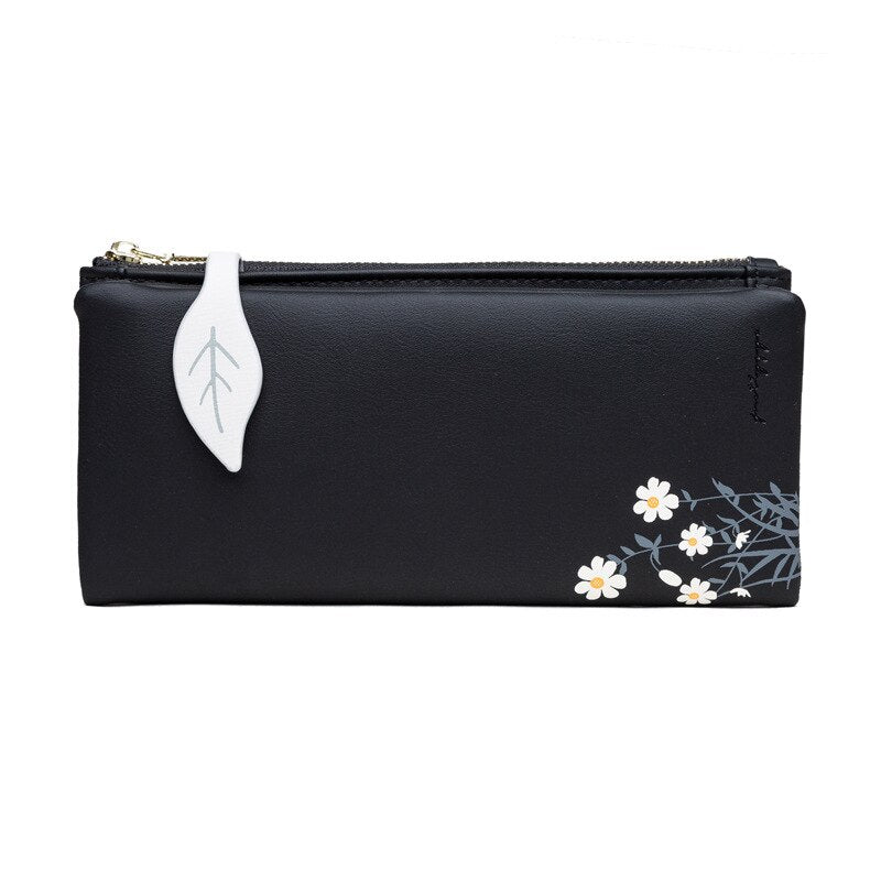 Leaves-cartera larga de piel sintética con cierre para mujer, billetera de piel sintética suave con cremallera, tarjetero