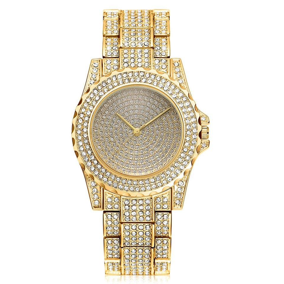 Reloj de mujer de moda ostentoso informal para mujer, reloj de cuarzo dorado, cristal de diamante para mujer