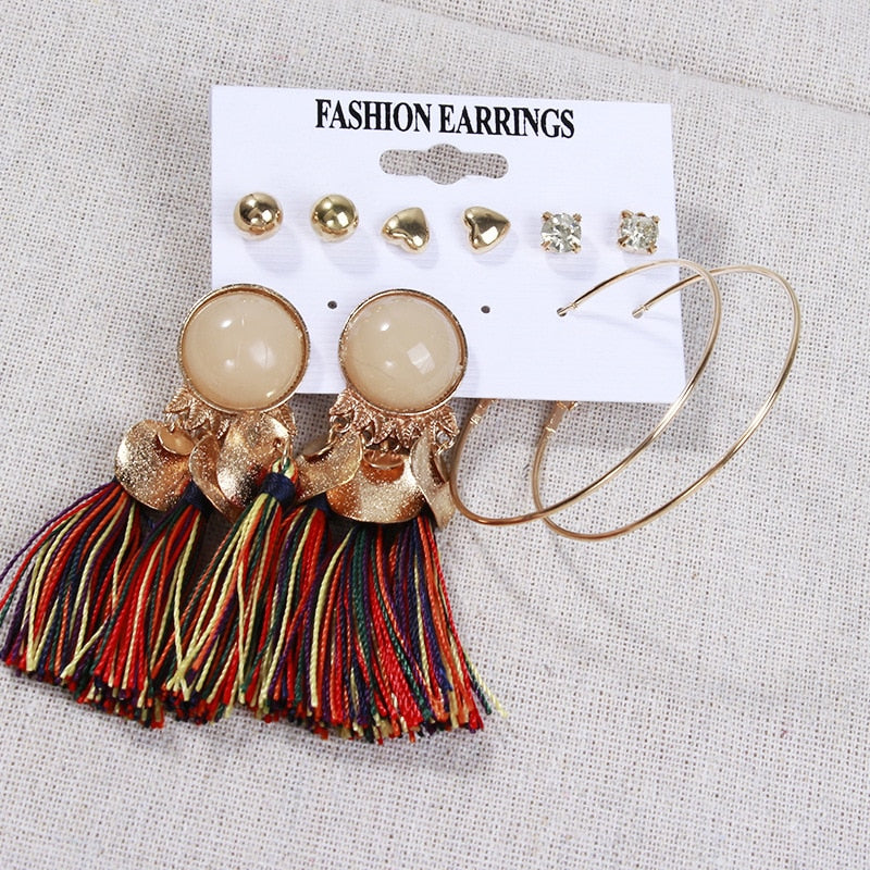 Pendientes De Aro De Color Dorado Conjunto De Cadena, Pendientes Largos De Borla 2