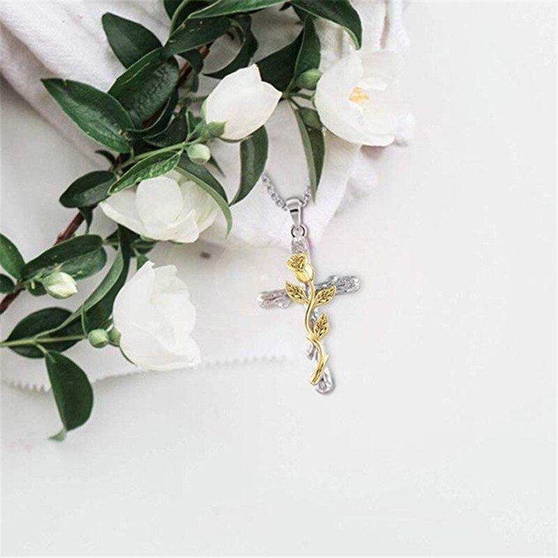 Collar con colgante clásico de aleación de Jesús para mujer y niña, colgante Vintage de Cruz rosa, adornos religiosos góticos 5