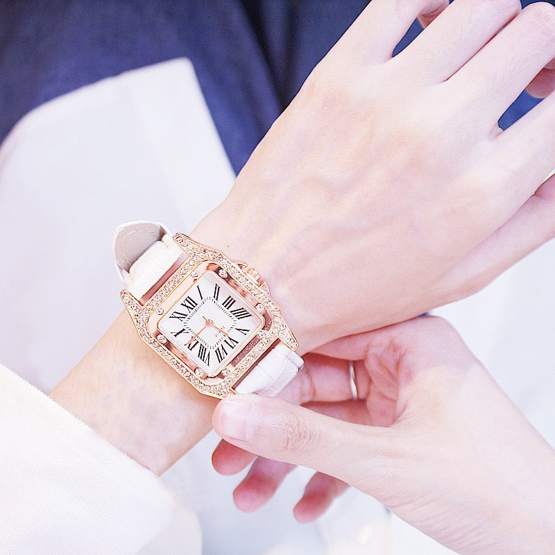 Reloj de pulsera con esfera cuadrada estrellada de diamante para mujer, conjunto de cronógrafos de pulsera, de cuero, de cuarzo, femenino