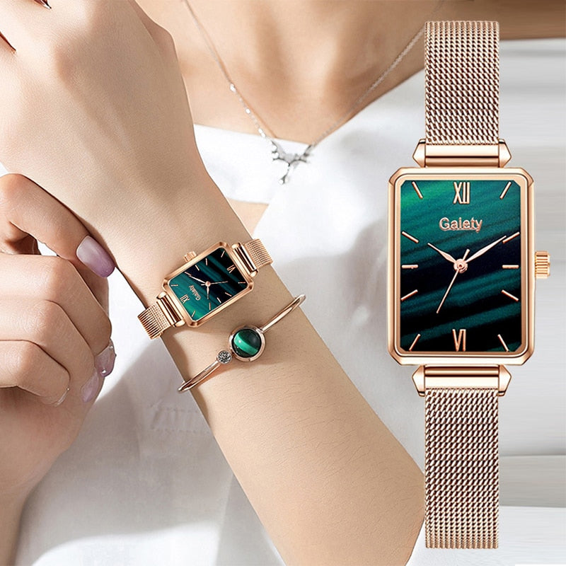 Reloj cuadrado de cuarzo para mujer, conjunto de pulsera, esfera verde 1