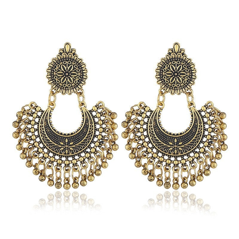 Pendientes étnicos Jhumka de Color dorado para mujer, aretes colgantes con cuentas en forma de corazón, borla, joyería Vintage 2023 5