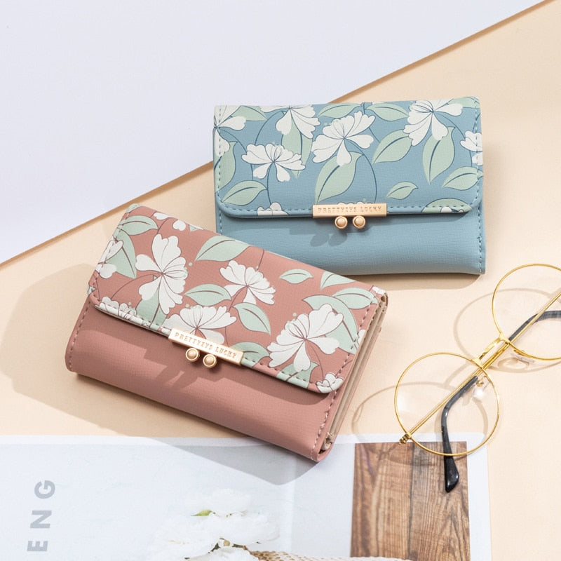 Cartera de moda bonita para mujer, Cartera de flores frescas con estampado medio, monedero de tres pliegues para mujer, Cartera de Carteira multifunción para mujer 5