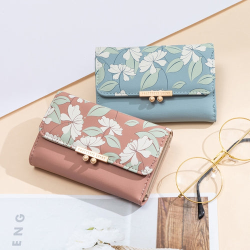 Cartera de moda bonita para mujer, Cartera de flores frescas con estampado medio, monedero de tres pliegues para mujer, Cartera de Carteira multifunción para mujer 5