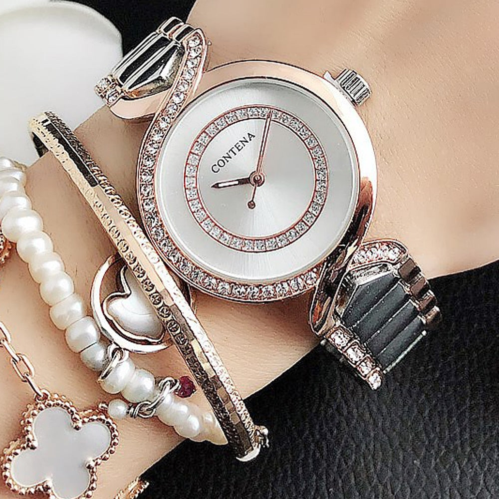 Nuevos relojes de pulsera para mujer, reloj de vestir a la moda, relojes de diamantes de cristal de acero inoxidable, reloj plateado para mujer 4