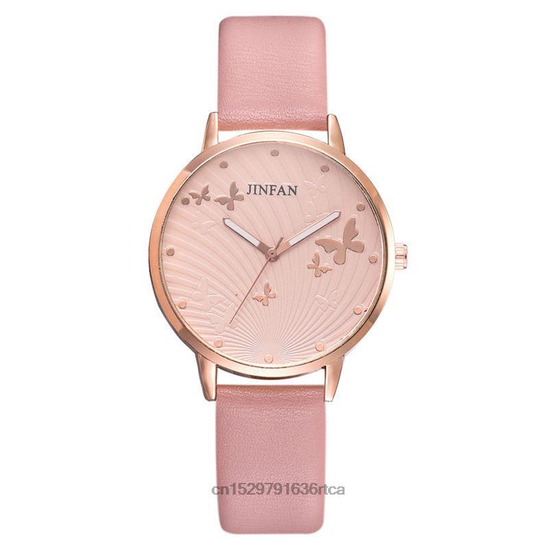 Reloj de cuero de cuarzo para mujer, diseño de esfera de mariposa Simple