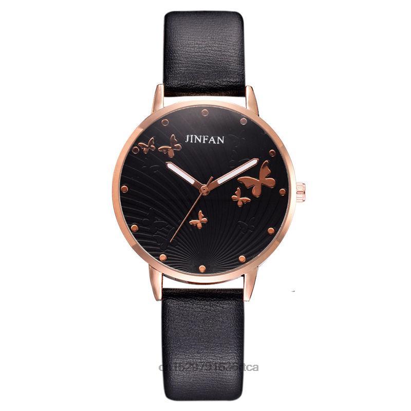 Reloj de cuero de cuarzo para mujer, diseño de esfera de mariposa Simple