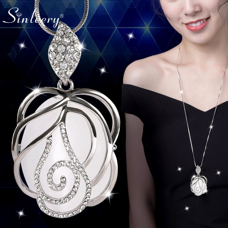 Sinleery moderno hermoso ópalo blanco hueco strass collares colgantes con flores para mujer cadena larga Color oro blanco MY423 SSI 1