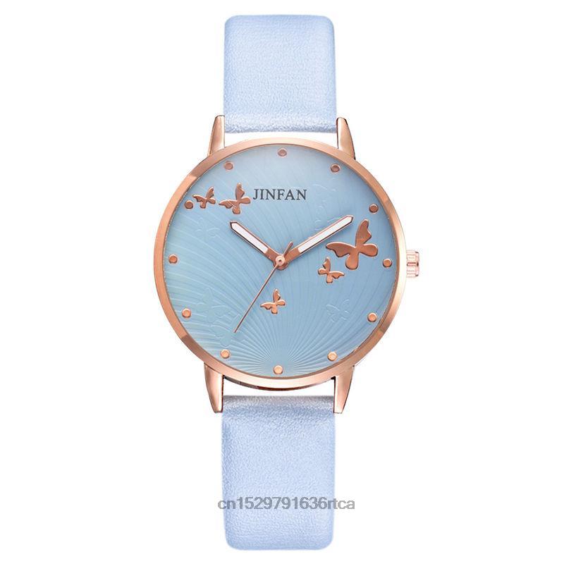 Reloj de cuero de cuarzo para mujer, diseño de esfera de mariposa Simple