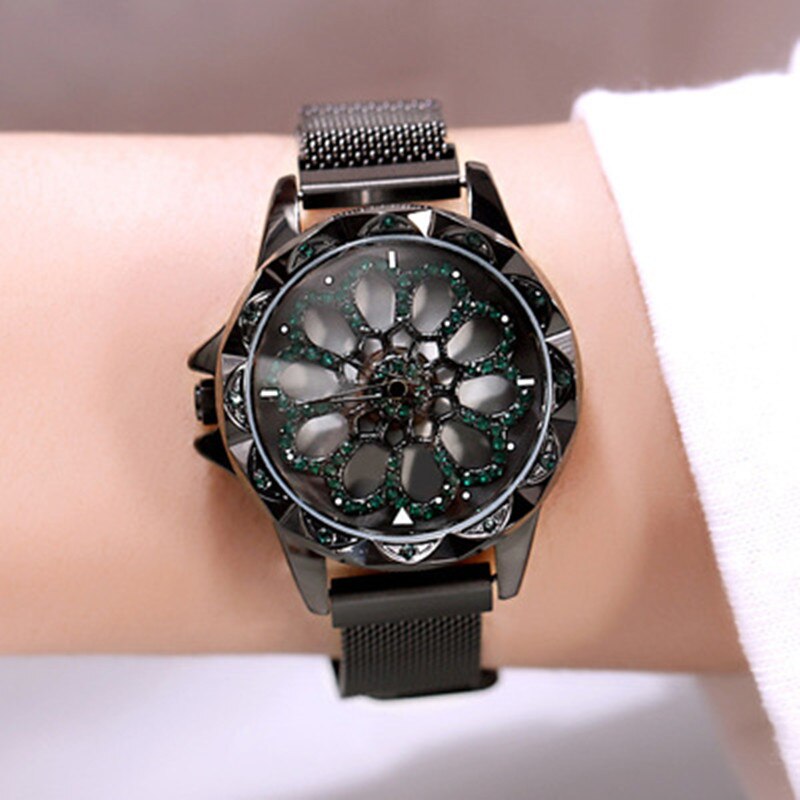 Reloj giratorio de cuarzo con flores para mujer