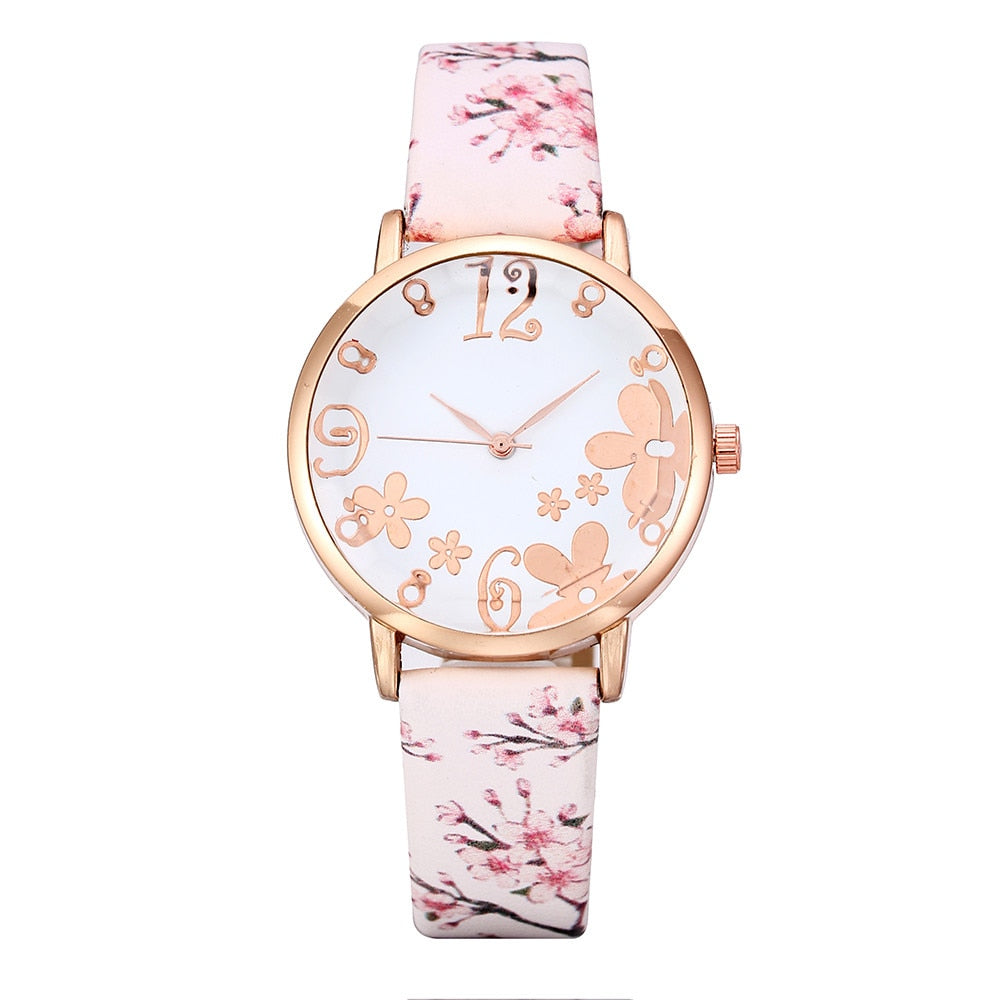 Reloj de lujo para mujer, pulsera de cuarzo con estampado de flores en relieve, con esfera de cinturón, para estudiantes