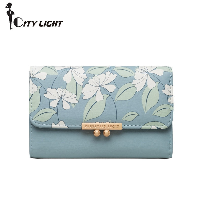 Cartera de moda bonita para mujer, Cartera de flores frescas con estampado medio, monedero de tres pliegues para mujer, Cartera de Carteira multifunción para mujer 3