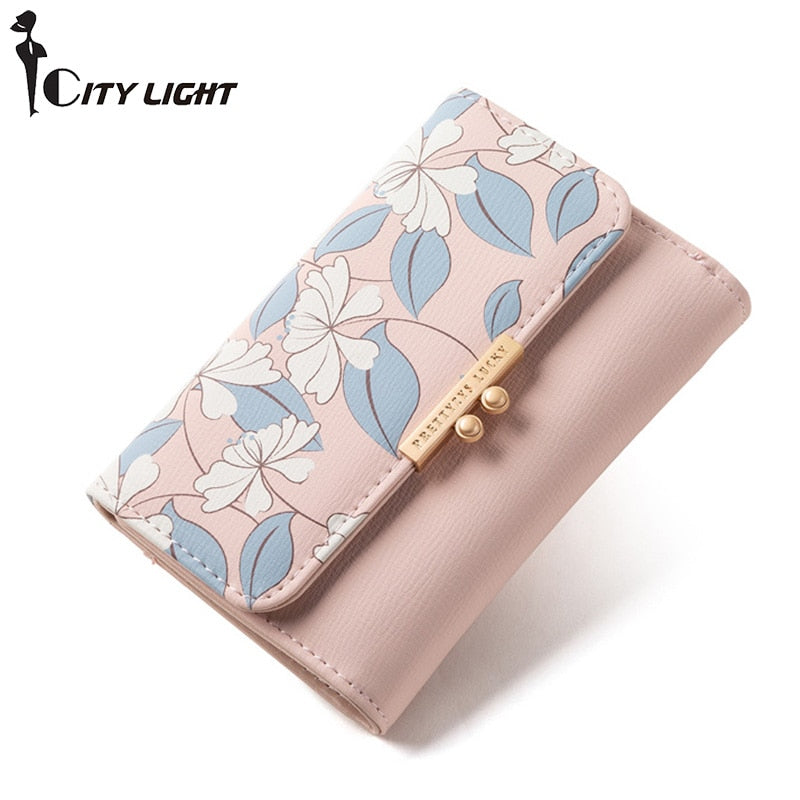 Cartera de moda bonita para mujer, Cartera de flores frescas con estampado medio, monedero de tres pliegues para mujer, Cartera de Carteira multifunción para mujer 2