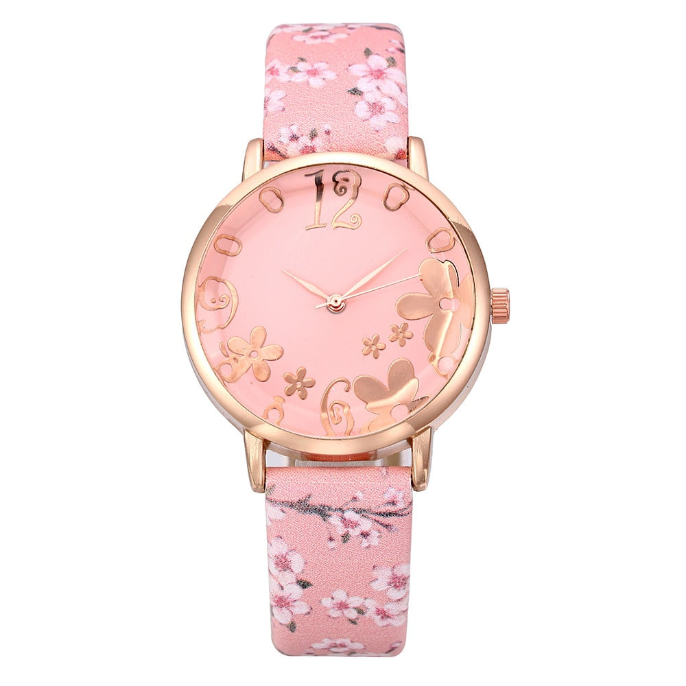 Reloj de lujo para mujer, pulsera de cuarzo con estampado de flores en relieve, con esfera de cinturón, para estudiantes