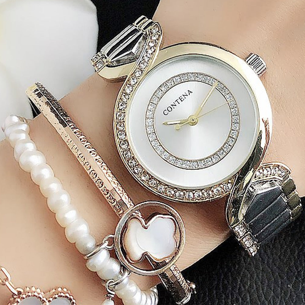 Nuevos relojes de pulsera para mujer, reloj de vestir a la moda, relojes de diamantes de cristal de acero inoxidable, reloj plateado para mujer 5