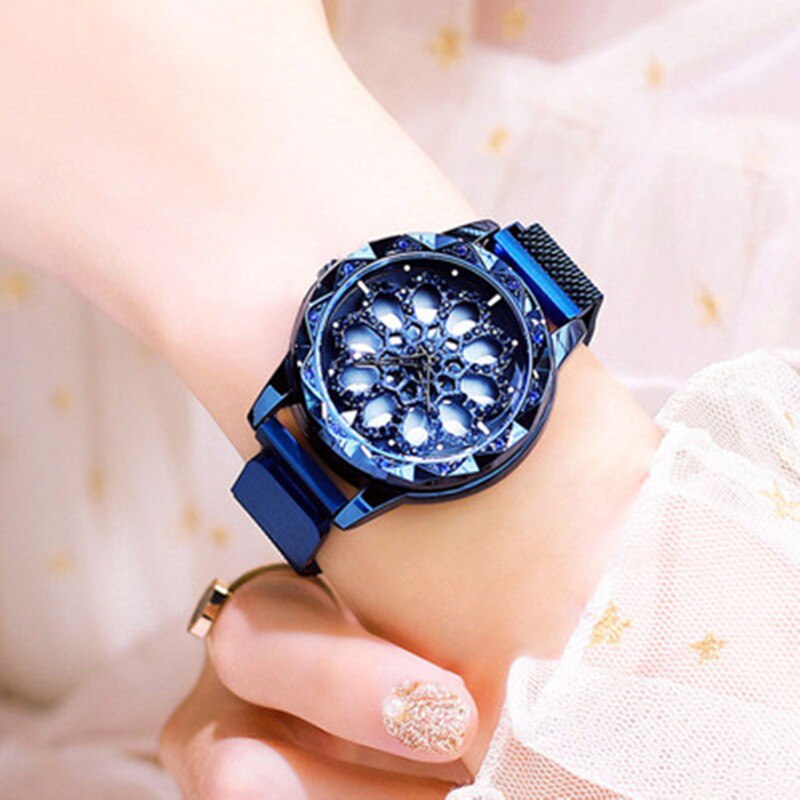Reloj giratorio de cuarzo con flores para mujer