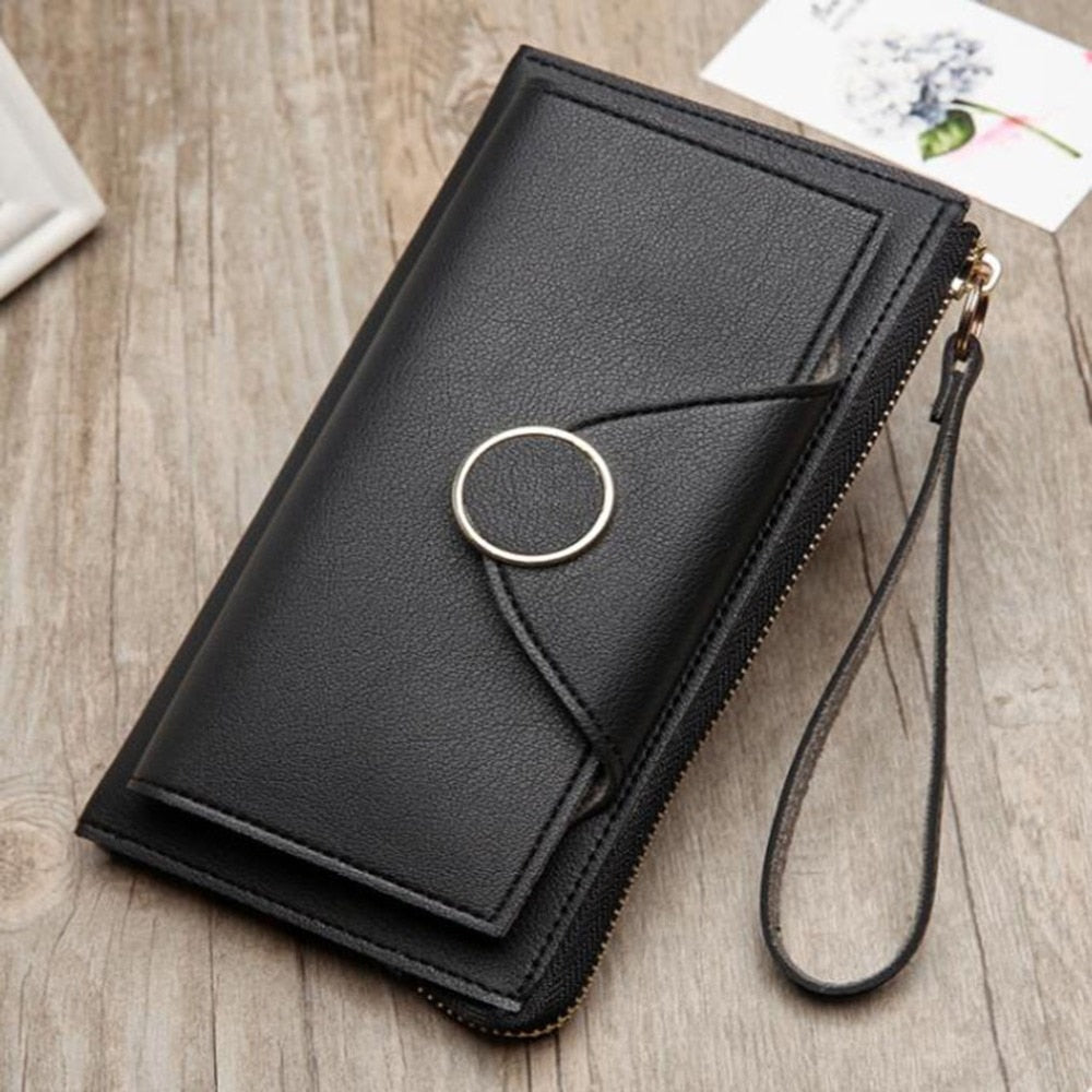 Cartera larga de piel sintética monedero tarjetero, bolso de mano 6