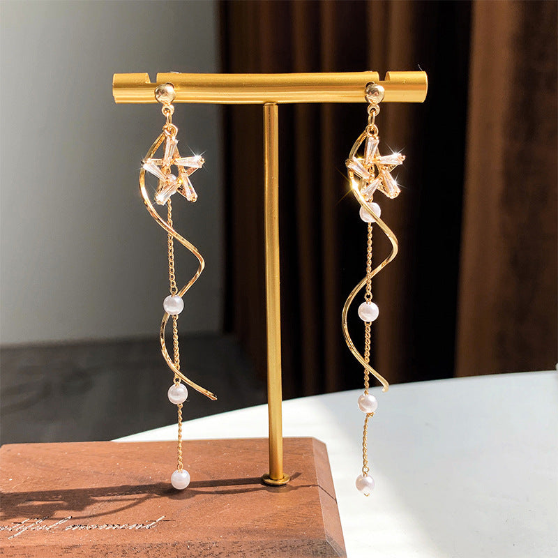 Diamantes De Imitación, Estrellas De Cinco Puntas, Perlas, Borlas, Pendientes, Pendientes Largos