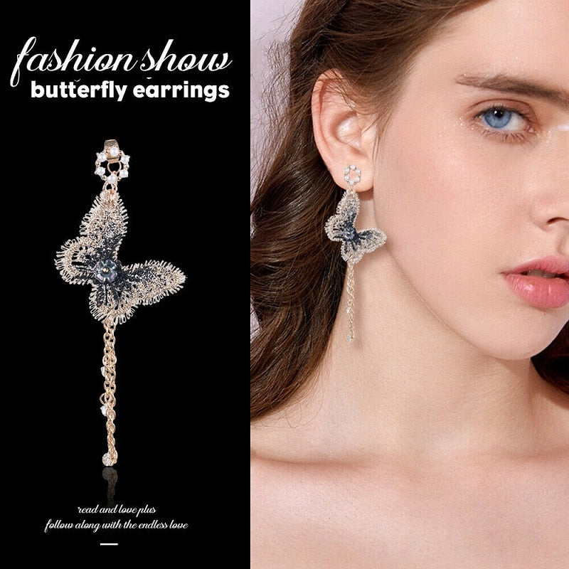 Pendientes Largos De Borla Aretes Colgantes De Mariposa De Cristal 4