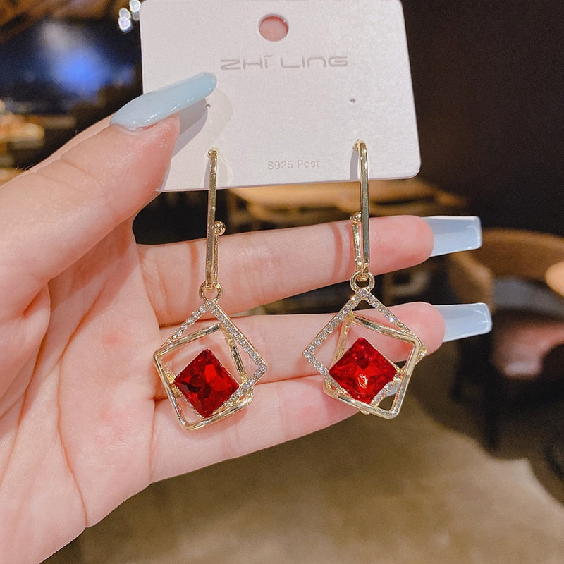 Pendientes Geométricos De Cristal Azul Largos Coreanospendientes Colgantes Femeninos Elegantes