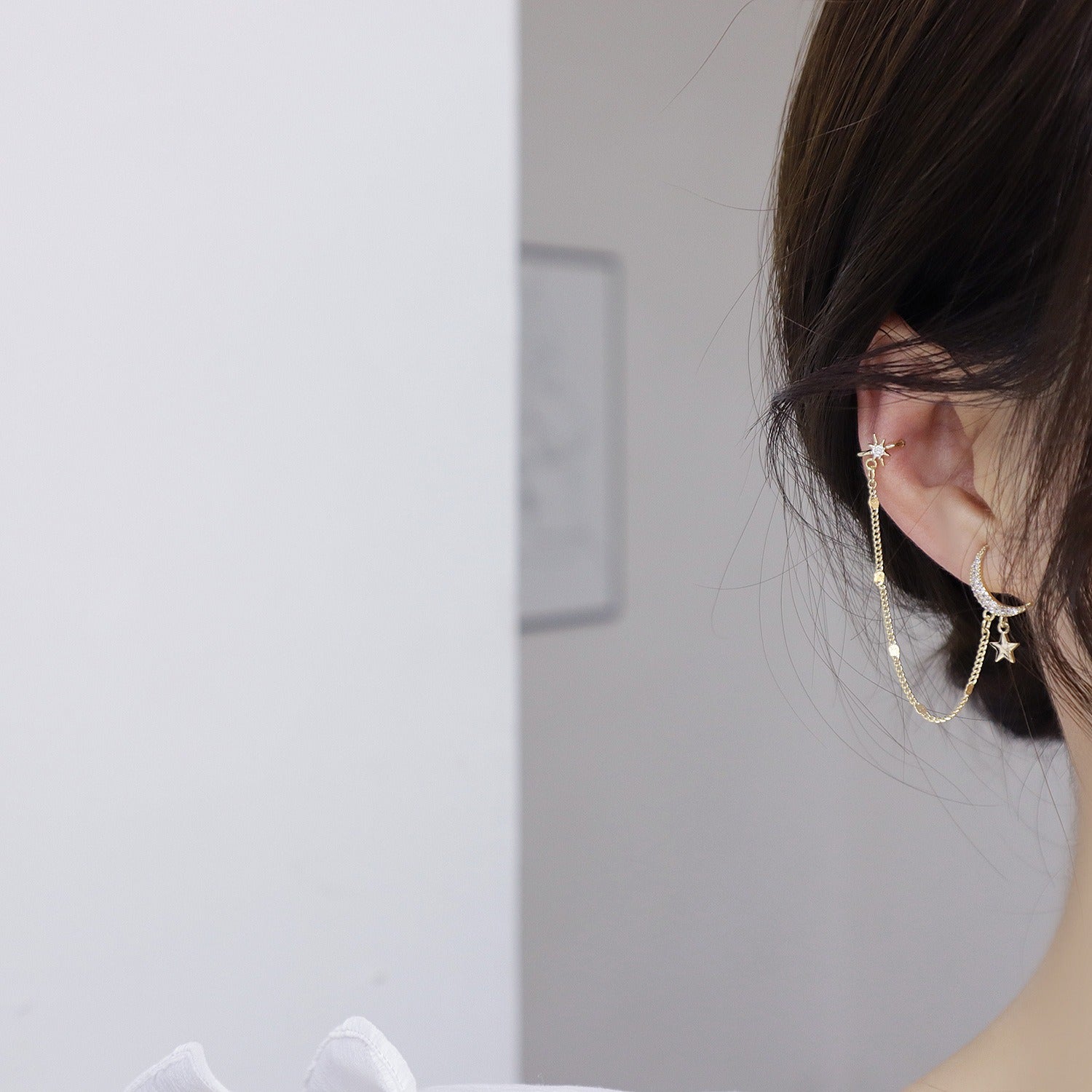 Pendientes Colgantes De Clip De Estrella De Luna De Color Dorado