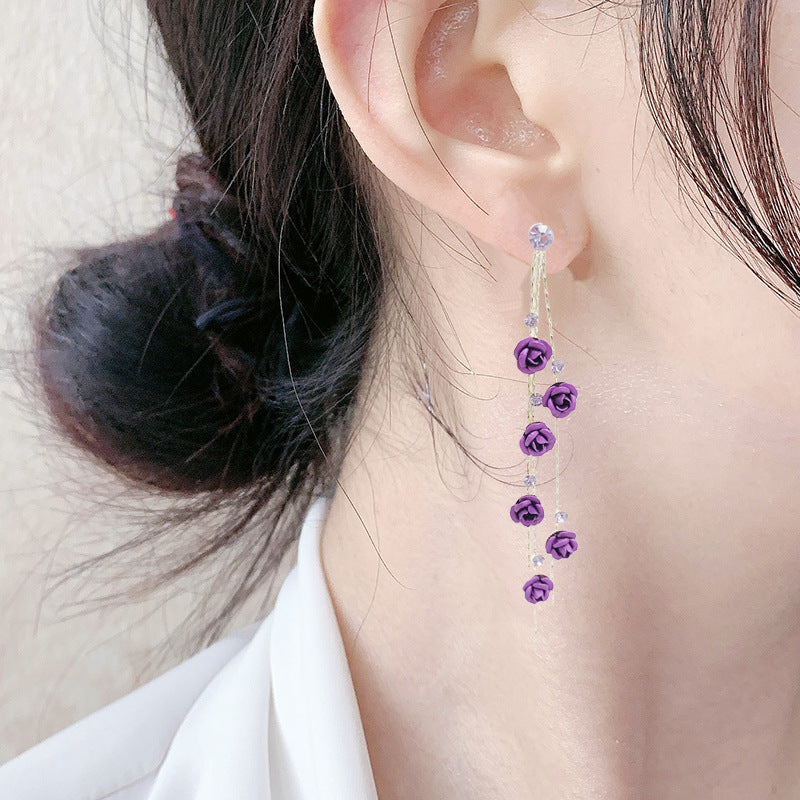 Pendientes largos con forma de pétalos de rosa aretes colgantes con forma de flor roja y diamantes de imitación de cristal