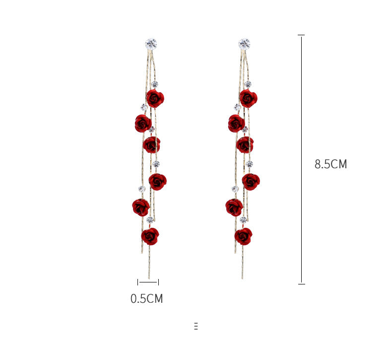 Pendientes largos con forma de pétalos de rosa aretes colgantes con forma de flor roja y diamantes de imitación de cristal