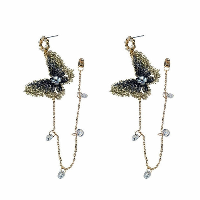 Pendientes Largos De Borla Aretes Colgantes De Mariposa De Cristal 6