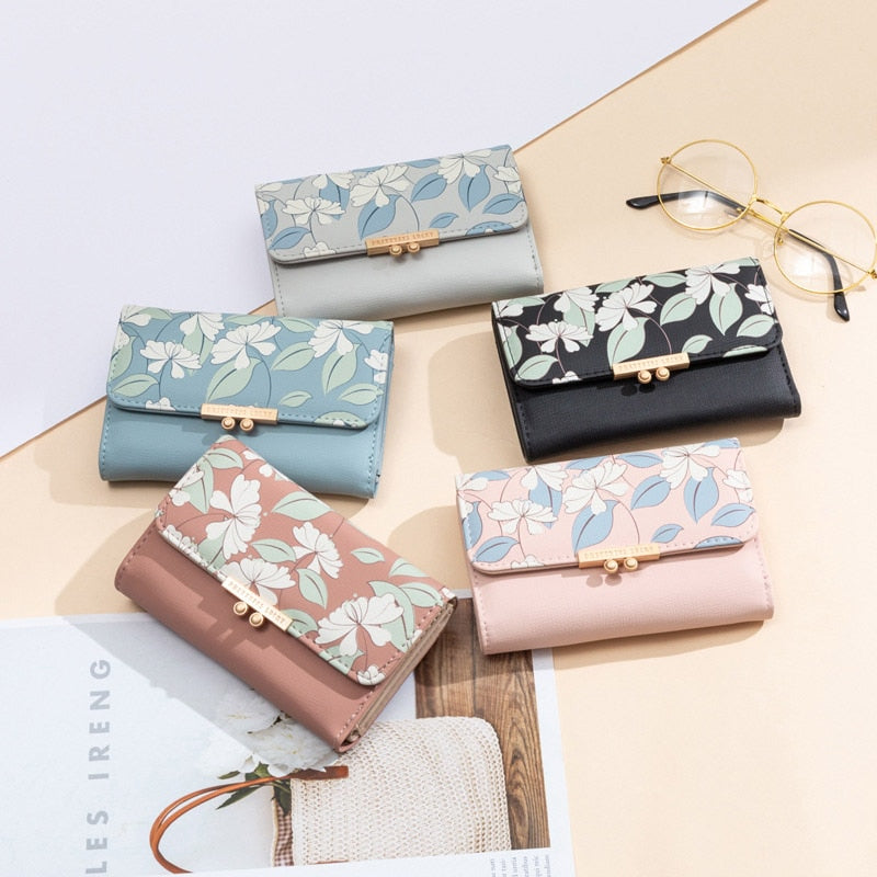 Cartera de moda bonita para mujer, Cartera de flores frescas con estampado medio, monedero de tres pliegues para mujer, Cartera de Carteira multifunción para mujer 6