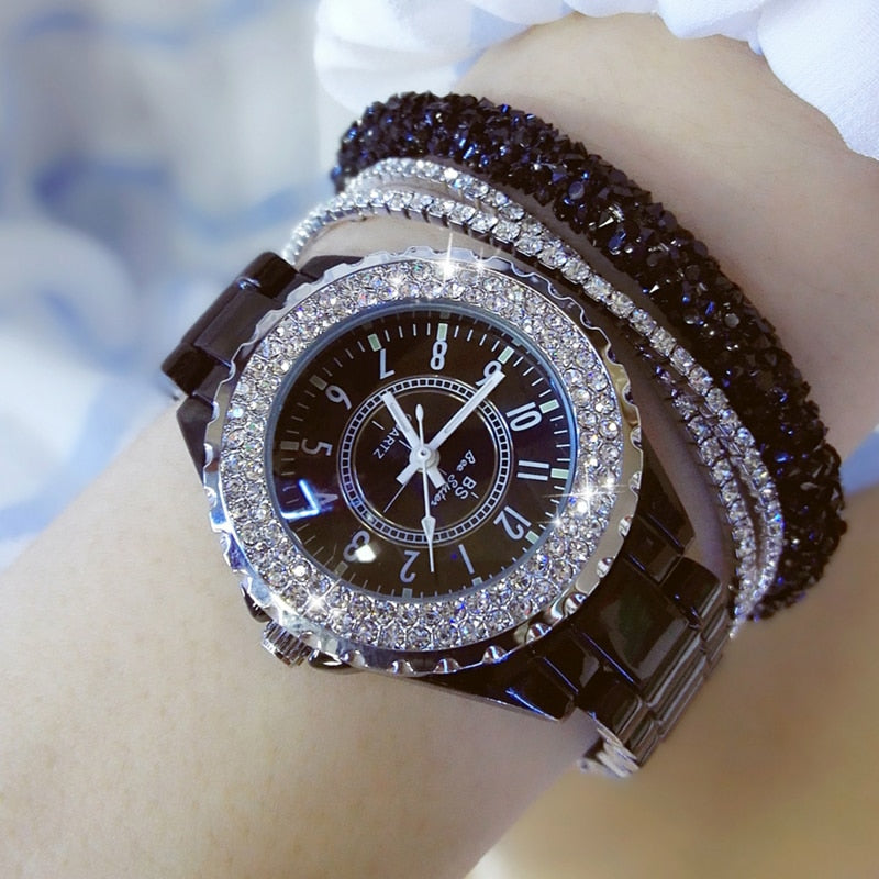 BS 2020-Reloj de pulsera de lujo para mujer, banda de cerámica blanca, de cuarzo, a la moda, con diamantes de imitación, relojes negros 4