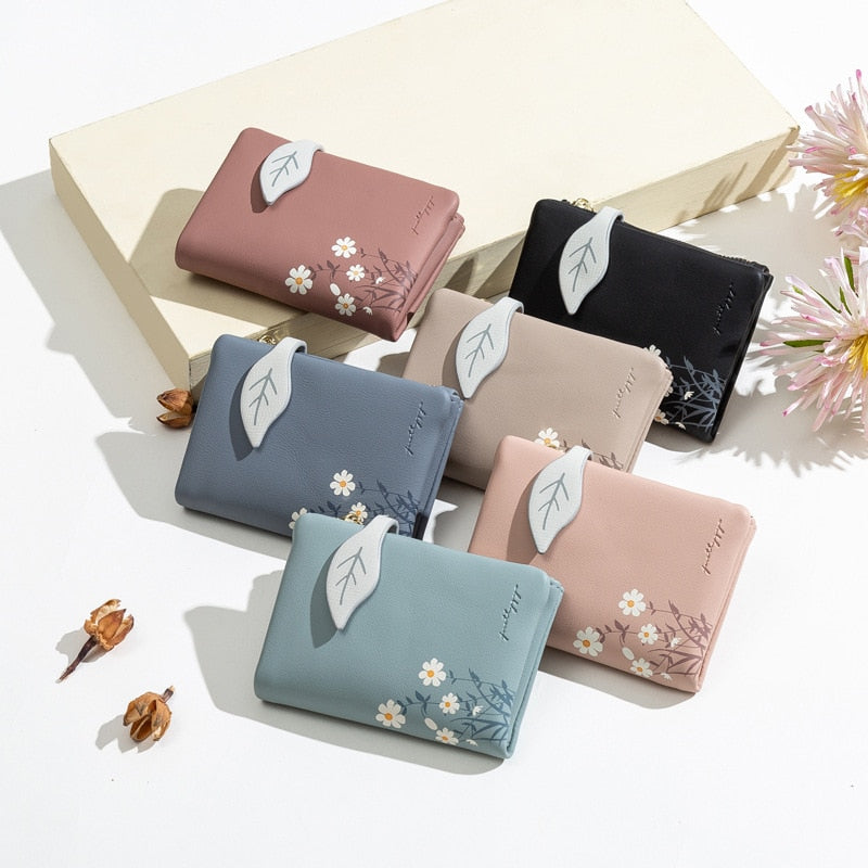 Leaves-cartera larga de piel sintética con cierre para mujer, billetera de piel sintética suave con cremallera, tarjetero 4