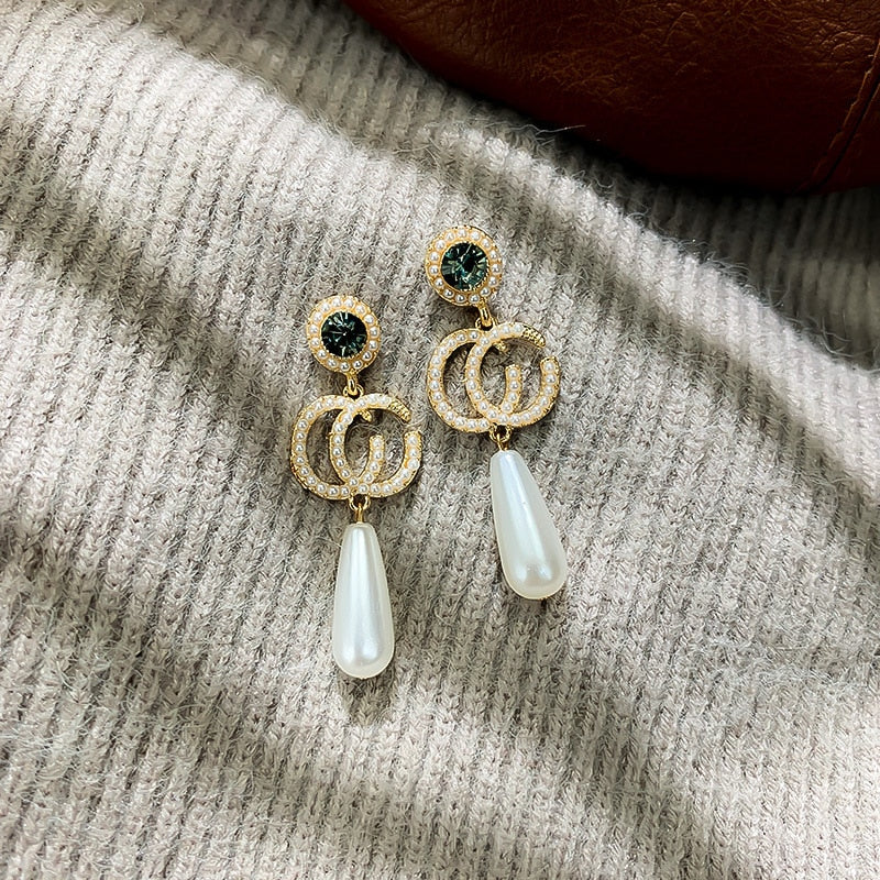 Pendientes De Perlas Con Letras Aretes Largos De Aguja De Plata 925 3