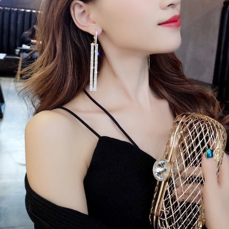 Pendientes De Boda Largos Con Diamantes De Imitación Geométricos