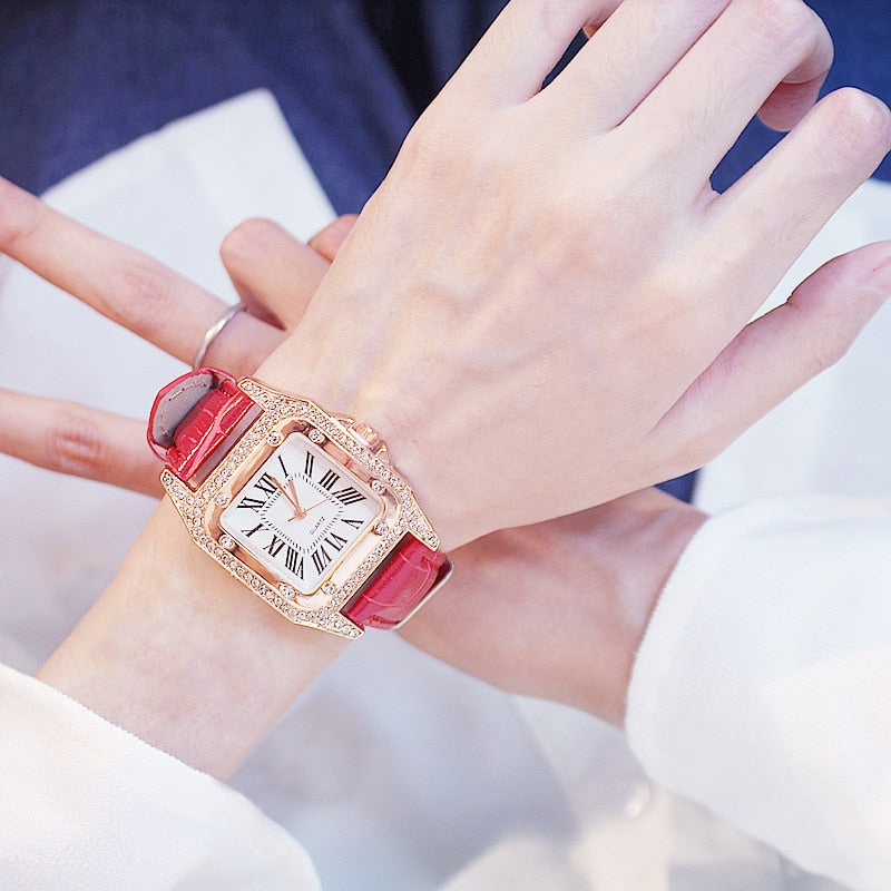 Reloj de pulsera con esfera cuadrada estrellada de diamante para mujer, conjunto de cronógrafos de pulsera, de cuero, de cuarzo, femenino