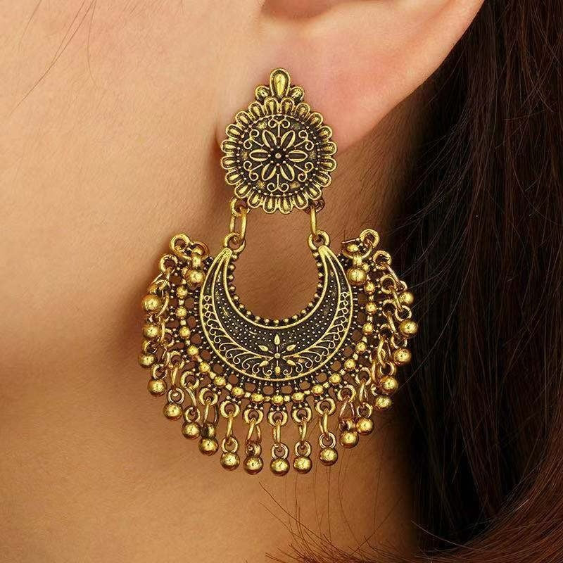 Pendientes étnicos Jhumka de Color dorado para mujer, aretes colgantes con cuentas en forma de corazón, borla, joyería Vintage 2023 1