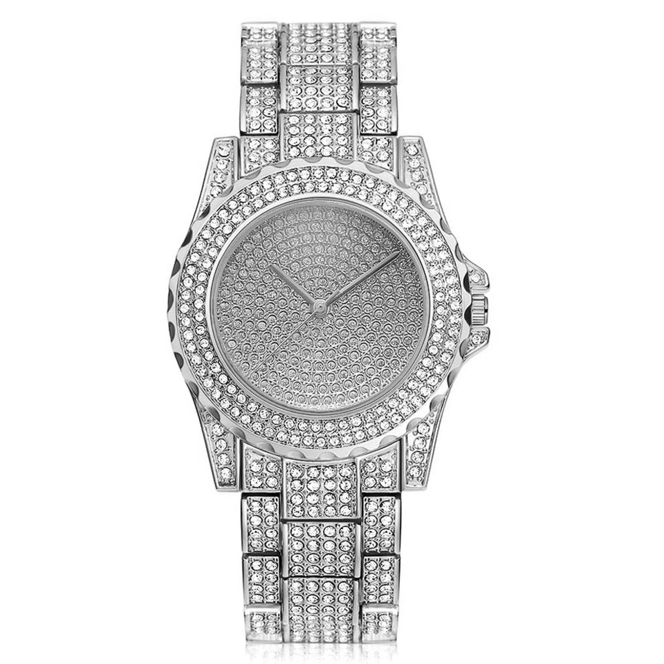 Reloj de mujer de moda ostentoso informal para mujer, reloj de cuarzo dorado, cristal de diamante para mujer