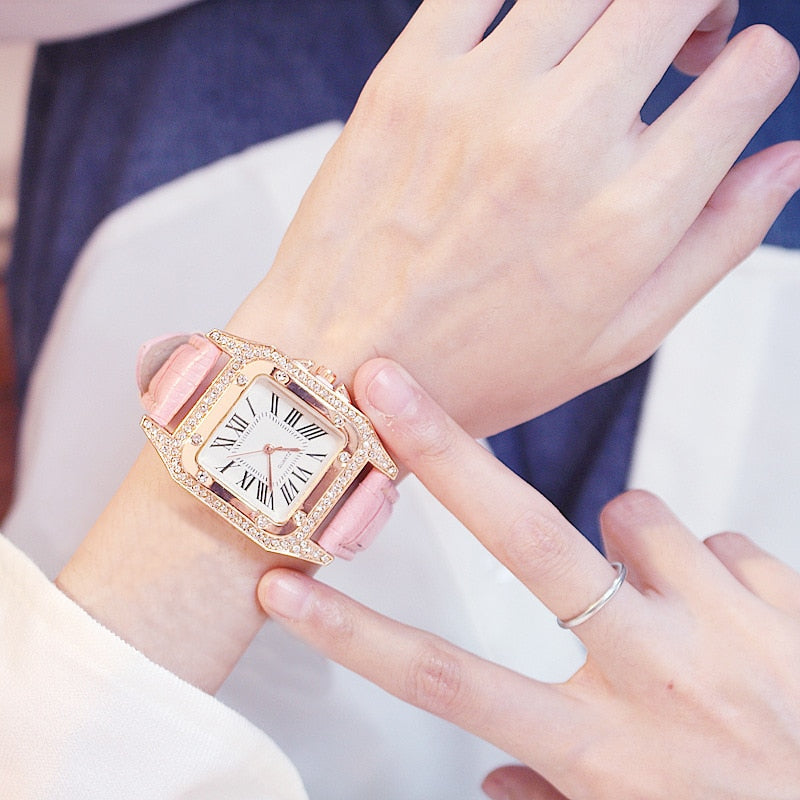 Reloj de pulsera con esfera cuadrada estrellada de diamante para mujer, conjunto de cronógrafos de pulsera, de cuero, de cuarzo, femenino