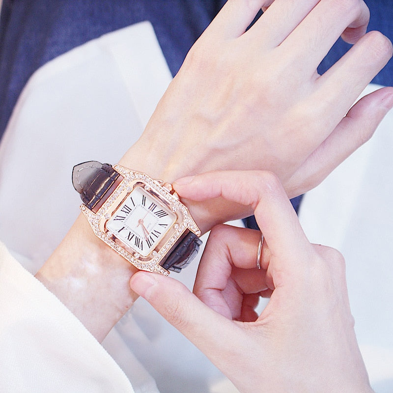 Reloj de pulsera con esfera cuadrada estrellada de diamante para mujer, conjunto de cronógrafos de pulsera, de cuero, de cuarzo, femenino