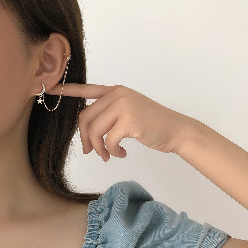 Pendientes Colgantes De Clip De Estrella De Luna De Color Dorado