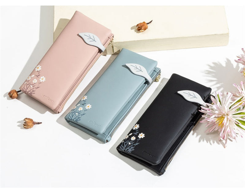 Leaves-cartera larga de piel sintética con cierre para mujer, billetera de piel sintética suave con cremallera, tarjetero 38