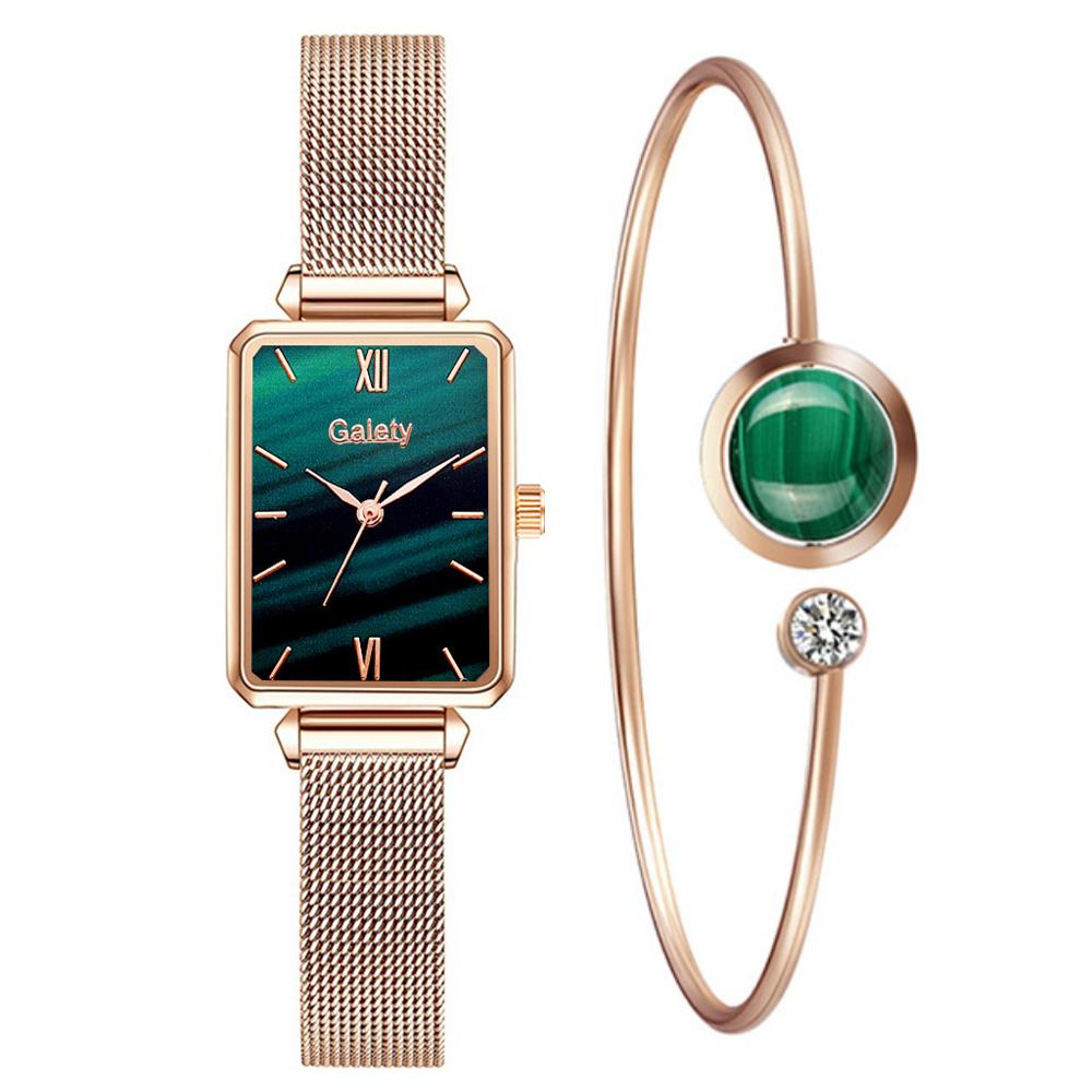Reloj cuadrado de cuarzo para mujer, conjunto de pulsera, esfera verde 6