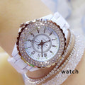 BS 2020-Reloj de pulsera de lujo para mujer, banda de cerámica blanca, de cuarzo, a la moda, con diamantes de imitación, relojes negros