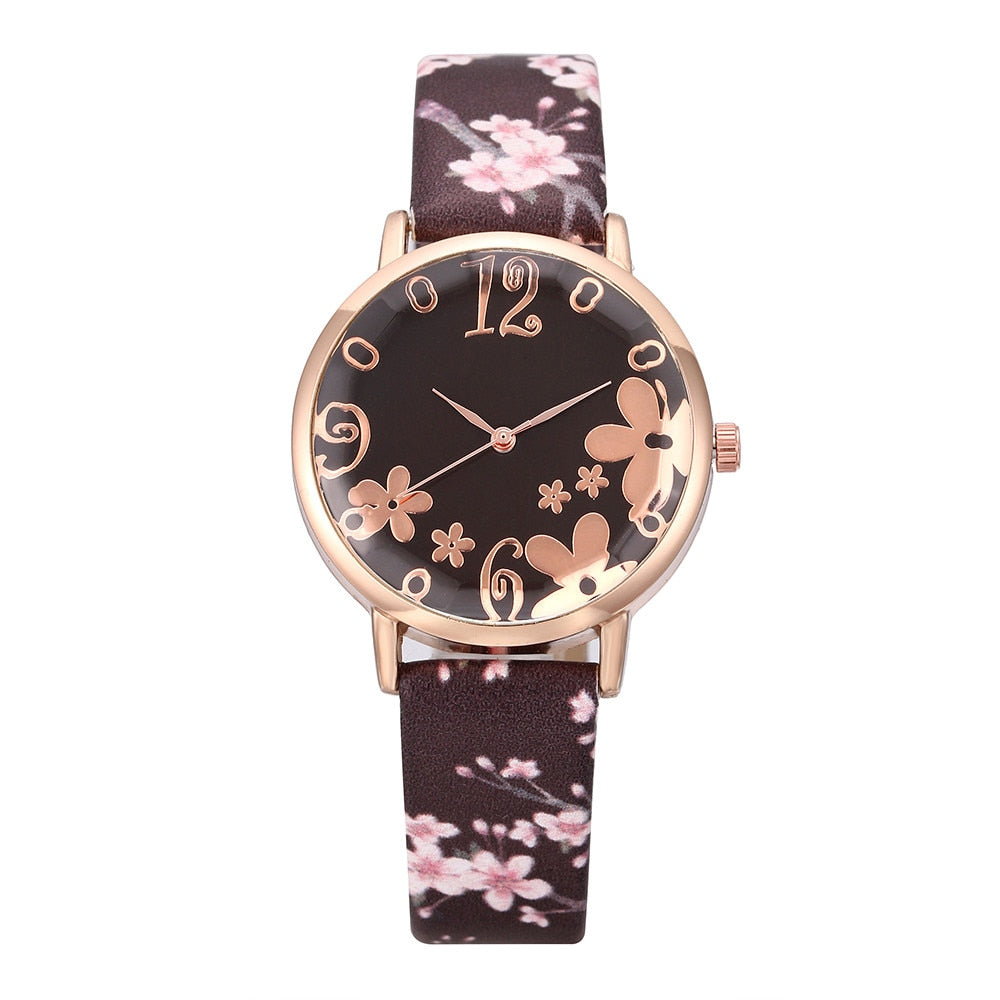 Reloj de lujo para mujer, pulsera de cuarzo con estampado de flores en relieve, con esfera de cinturón, para estudiantes