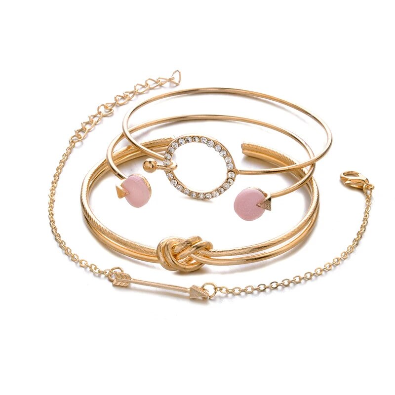 Conjunto De 4 Pulseras Abiertas Ajustables Gema De Cristal Redonda 3