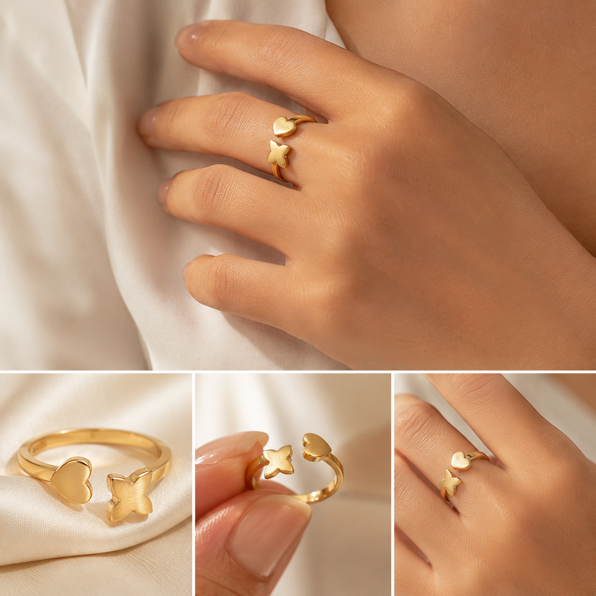 Anillo Ajustable Dorado de Corazón y Mariposa