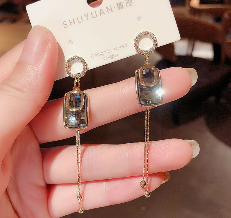 Pendientes De Borla De Cristal Cuadrados Geométricos De Aguja De Plata S925